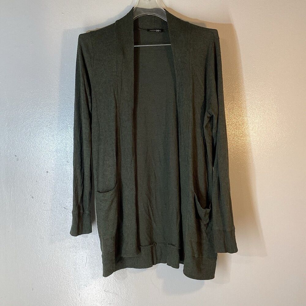 Papermoon Woman's Green Long Sleeve Open Knit Cardigan with Pockets Size Medium
